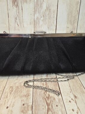 Jessica McClintock Black Satin Clutch Silver Chain Strap Evening Bag